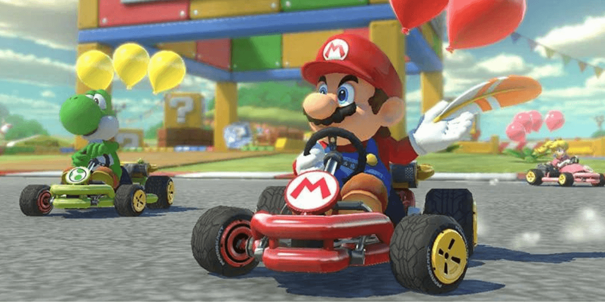 Mario racing with other players in Mario Kart.