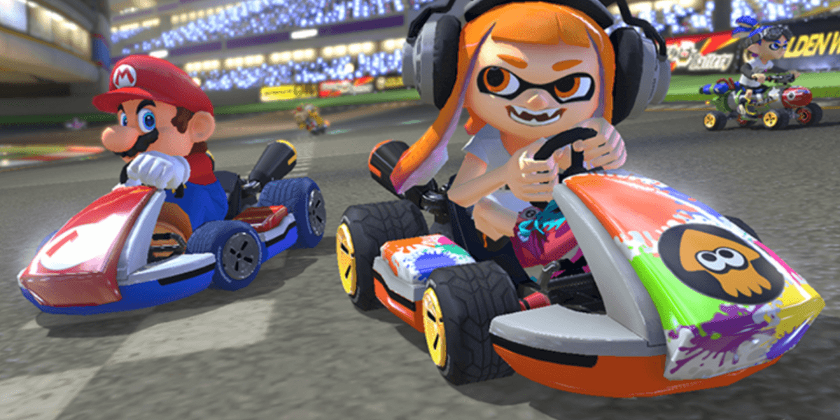 Mario racing with other players in Mario Kart.